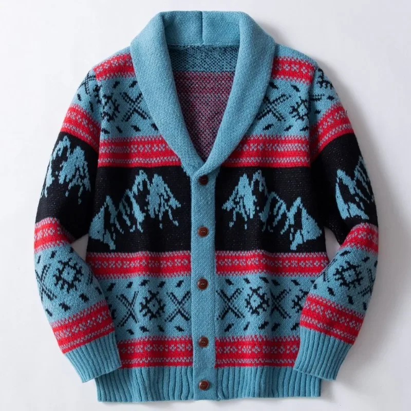 Luxury Vintage Jacquard Knit Jacket Outdoor Knitted Cardigan Sweaters Lapel Autumn Coat Men's Clothing High Quality Outerwear