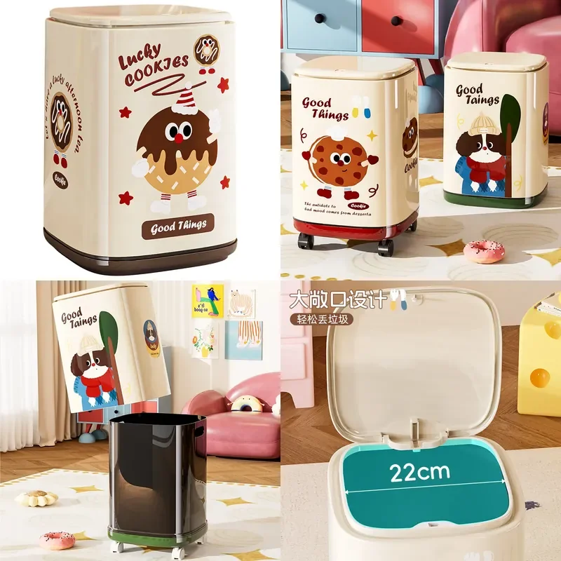 Cartoon Double Layer Trash Can with Lid Wheels Press Storage Bin for Living Room Bedroom Household Waste Basket