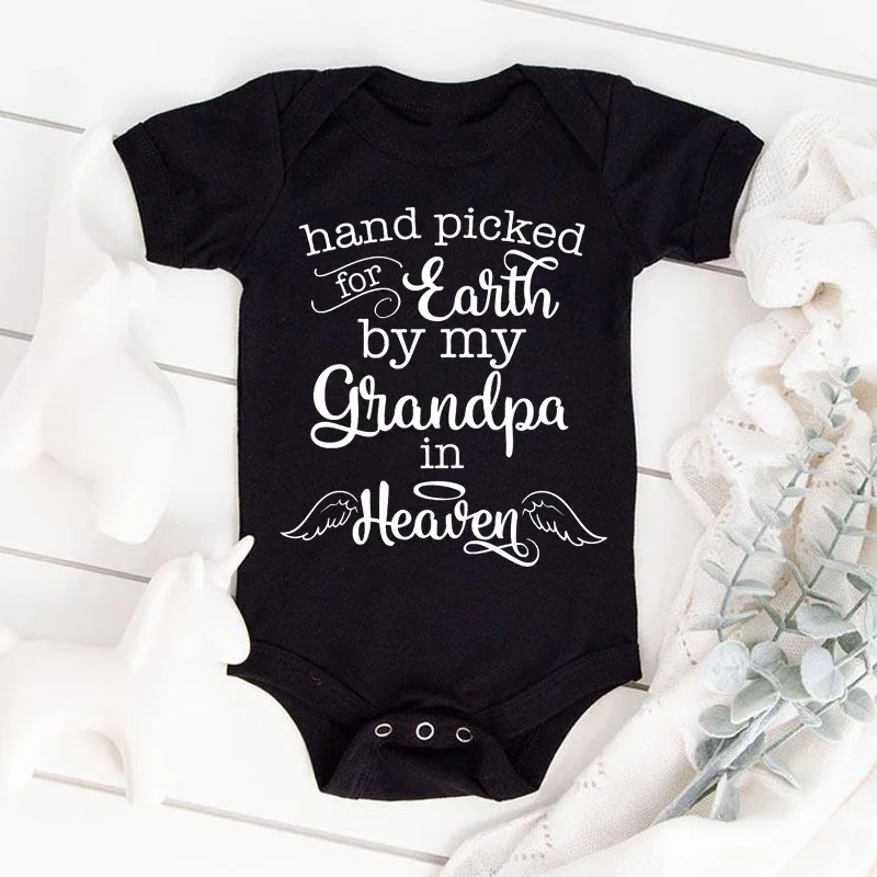Hand Picked for Earth By My Grandpa in Heaven Funny Wing Letter Print Baby Bodysuits Short Sleeve Toddler Jumpsuits Black Infant