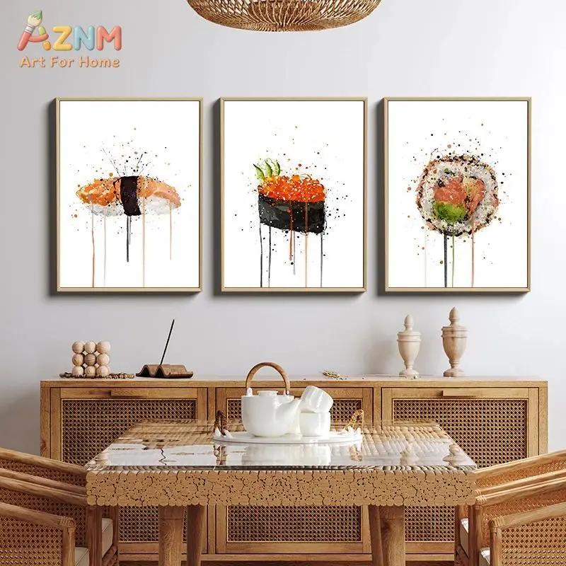 AZNM Splash Watercolor Food Drink Canvas Poster Frameless Wall Art Sushi Cocktail Coffee Macaron Popcorn Egg Print For Kitchen C