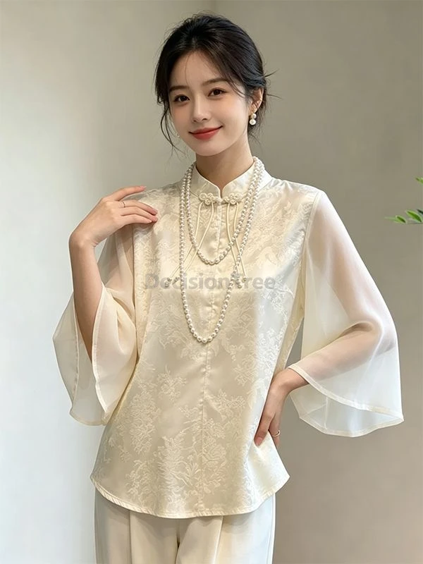 新しい中国風スタンドカラージャカードシャツ、女性用、バックル付き、伝統的なスタイルを改良、ゆったりフィット、ハイエンド、ビッグスリーブトップ