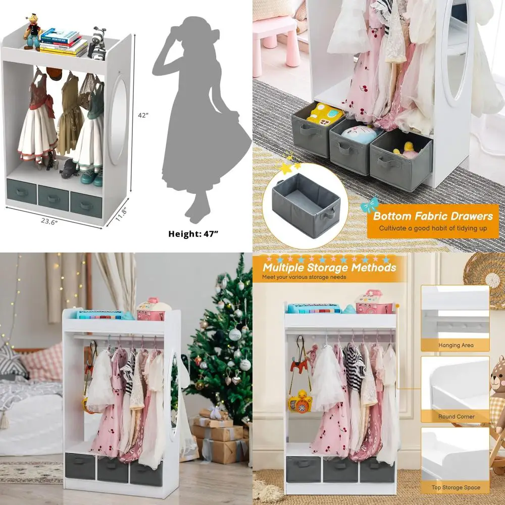 

Детский зеркальный шкаф для хранения вещей с вешалкой, 3 ящиками и 7 крючками, органайзер для детской одежды, белый гардероб для спальни