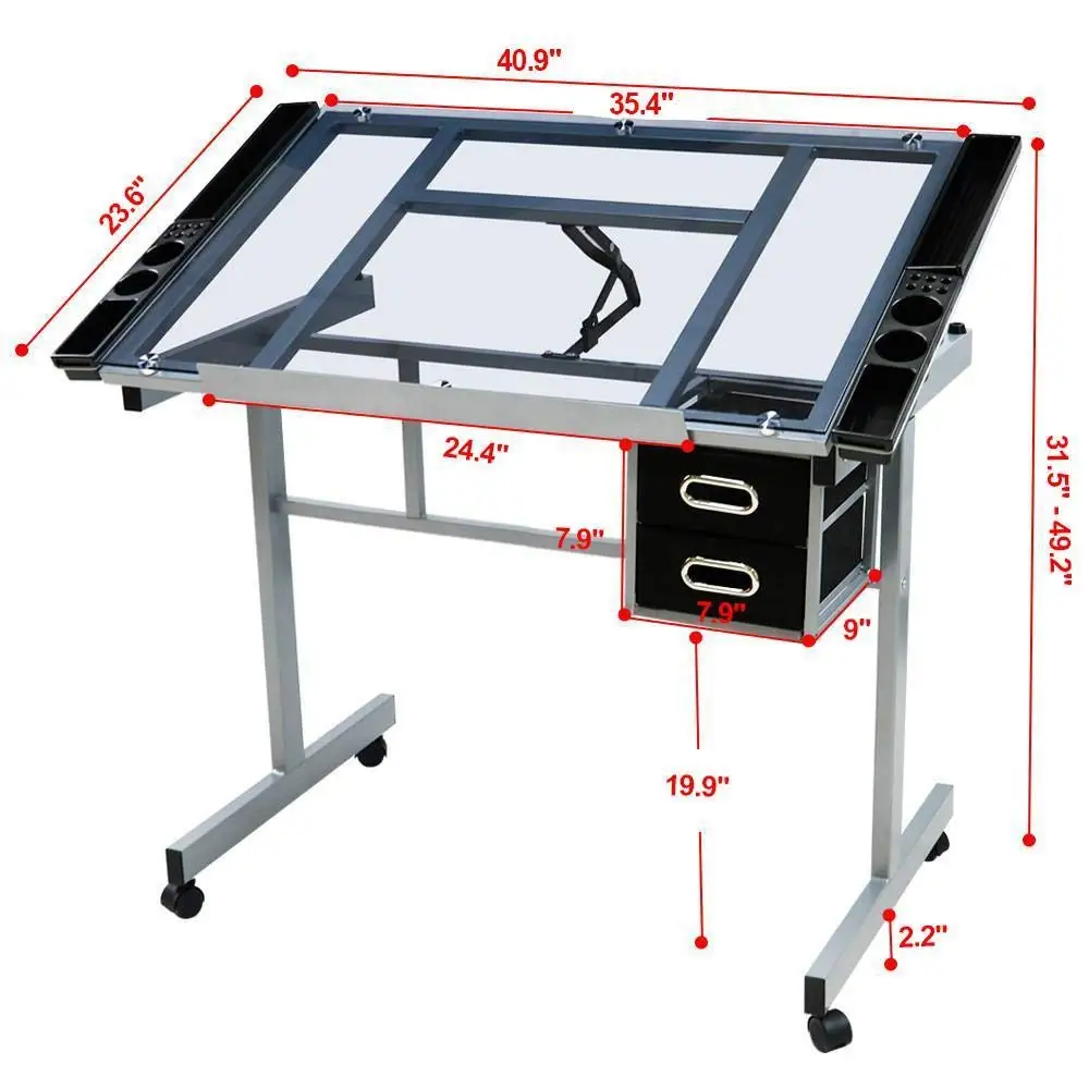 Height Adjustable Glass Drafting Table with PU Leather Chair for Home Office, Custom