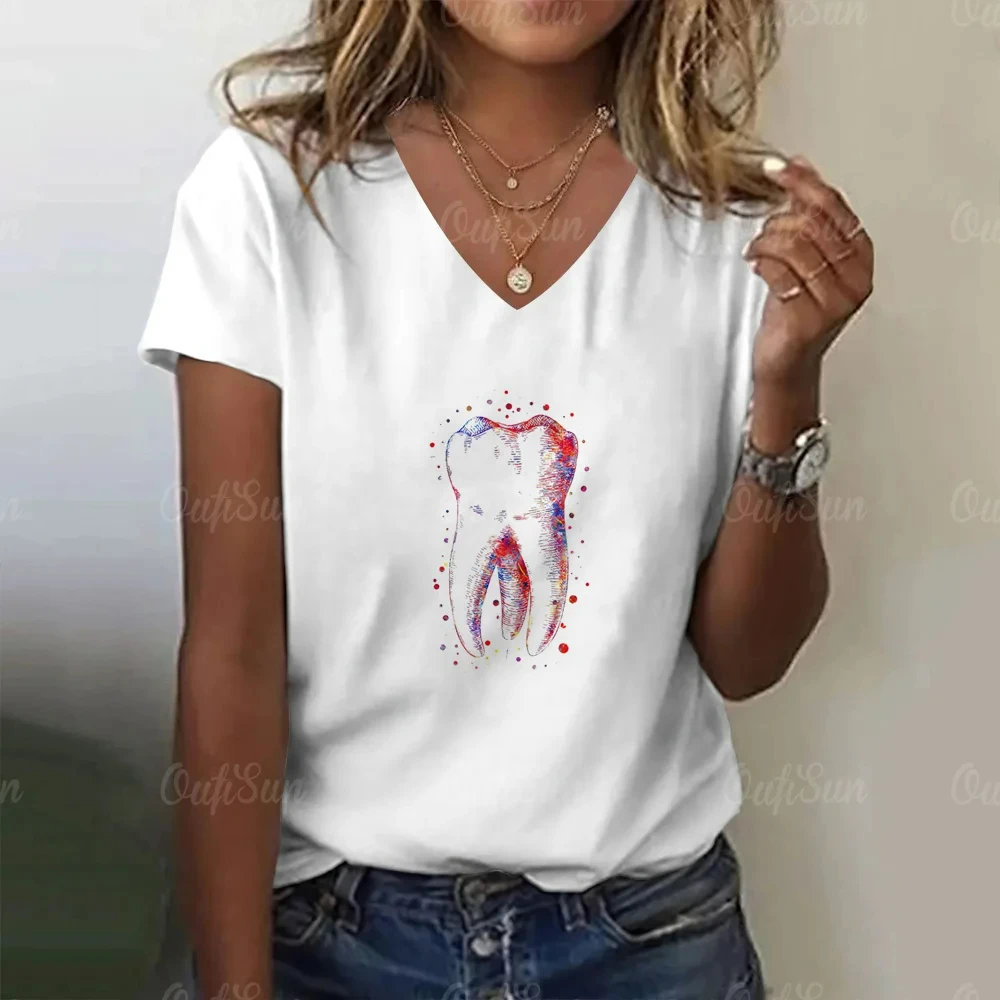 2024 Women\'s V-neck Clothing 3D Dentist and Tooth Print T-shirt White V-neck shirt Crop Top Fun Y2k Harajuku Base