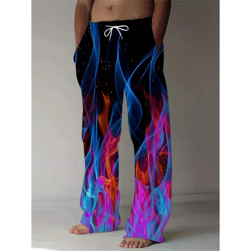 2025 MEN'S FASHION Casual Pants Dynamic 3D Flame Print Straight Leg Casual Pants Waist Retro Style Street Wear