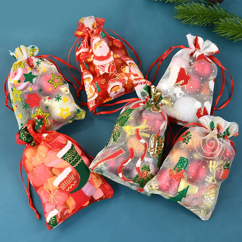 10pcs 15x10cm Mixed Christmas Organza Bags Santa Claus Christmas Tree Printed Candy Gift Bags Jewelry Packing Drawstring Pouches