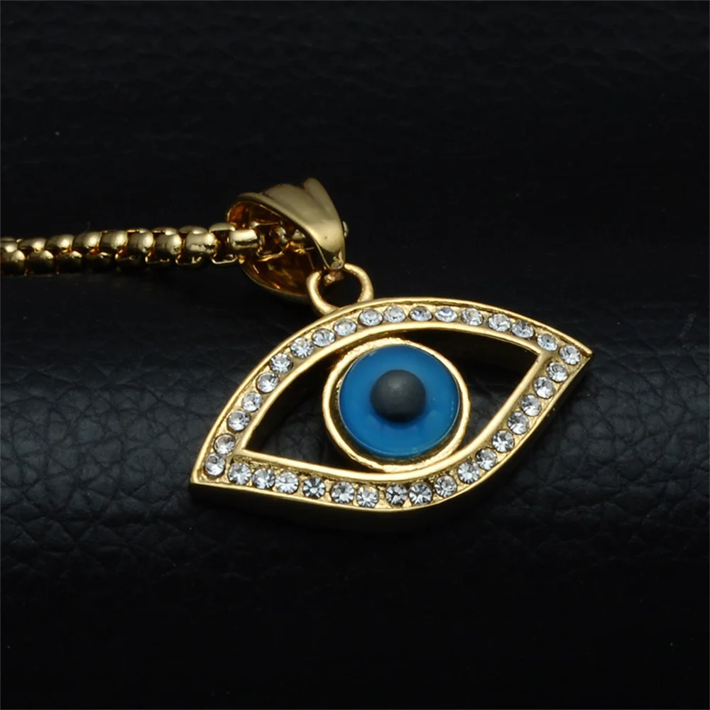 

Punk Iced Out Turkish Blue Evil Eye Pendant Gold Color Stainless Steel Amulet Necklaces for Women Fashion Jewelry Female Gift