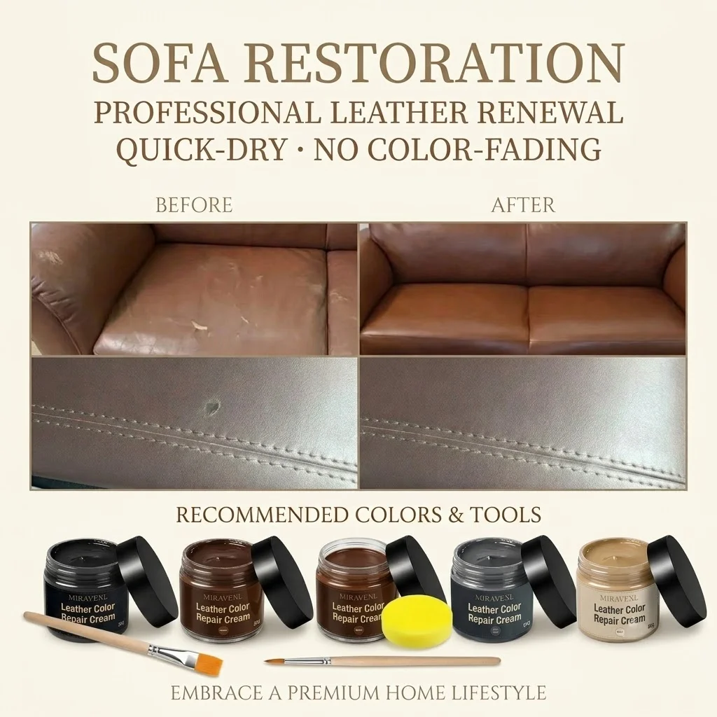 Leather Color Restorer Cream Scratch Repair Paste for Sofa Car Seats Shoes Purses Jackets Furniture with Sponge Brush Tool Kit