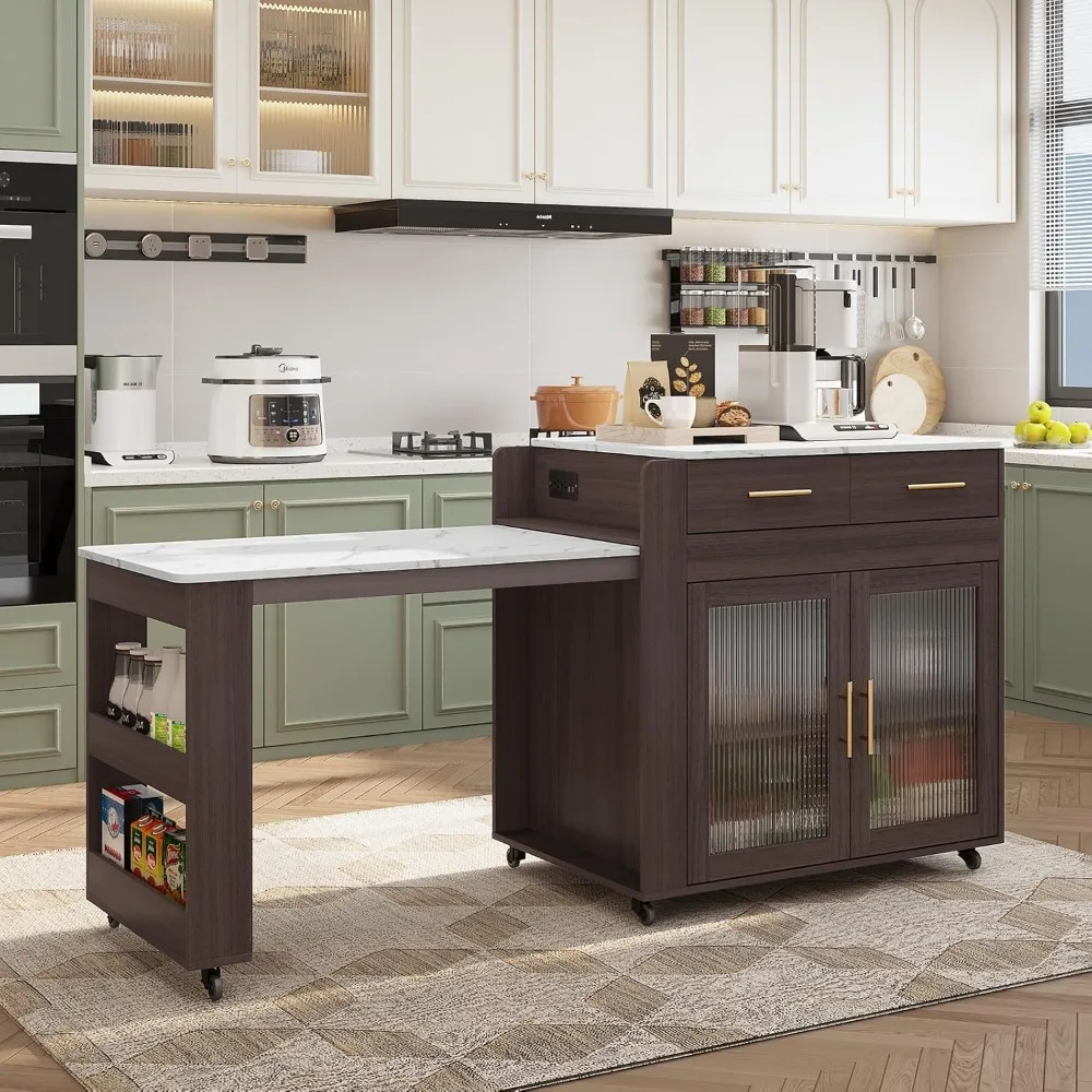 Kitchen Island with Extendable Dining Table, Marble Grain Countertop Island with Power Outlet, Rolling Storage Cart on Wheels w