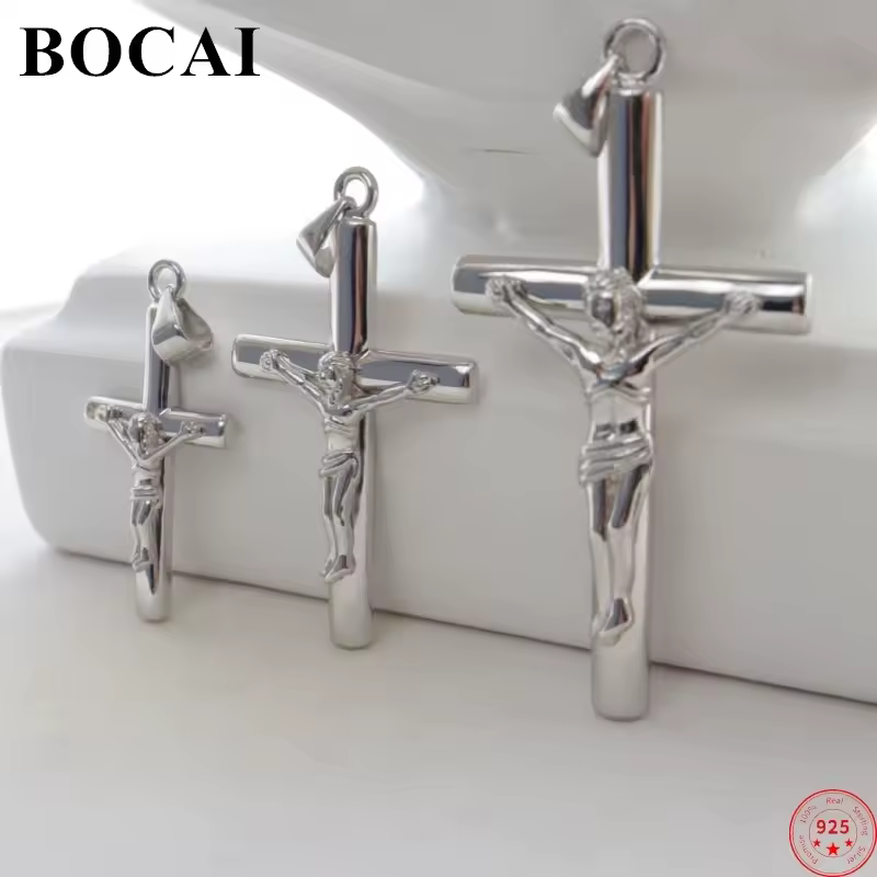 Подвески BOCAI из стерлингового серебра S925 для мужчин и женщин, модный амулет в виде распятия Иисуса, с гальваническим платиновым покрытием.