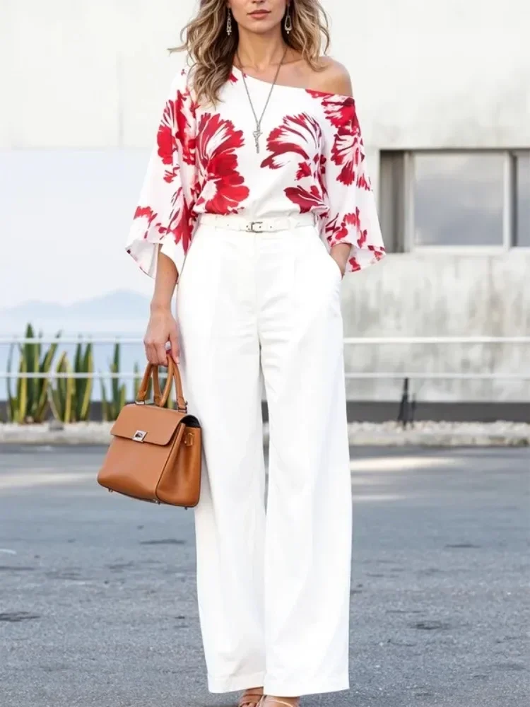 

UOOZEE 2025 New Fashion Contrast Color Floral Printed Tops For Women Long Sleeves One-Shoulder Loose Casual Office T-shirts
