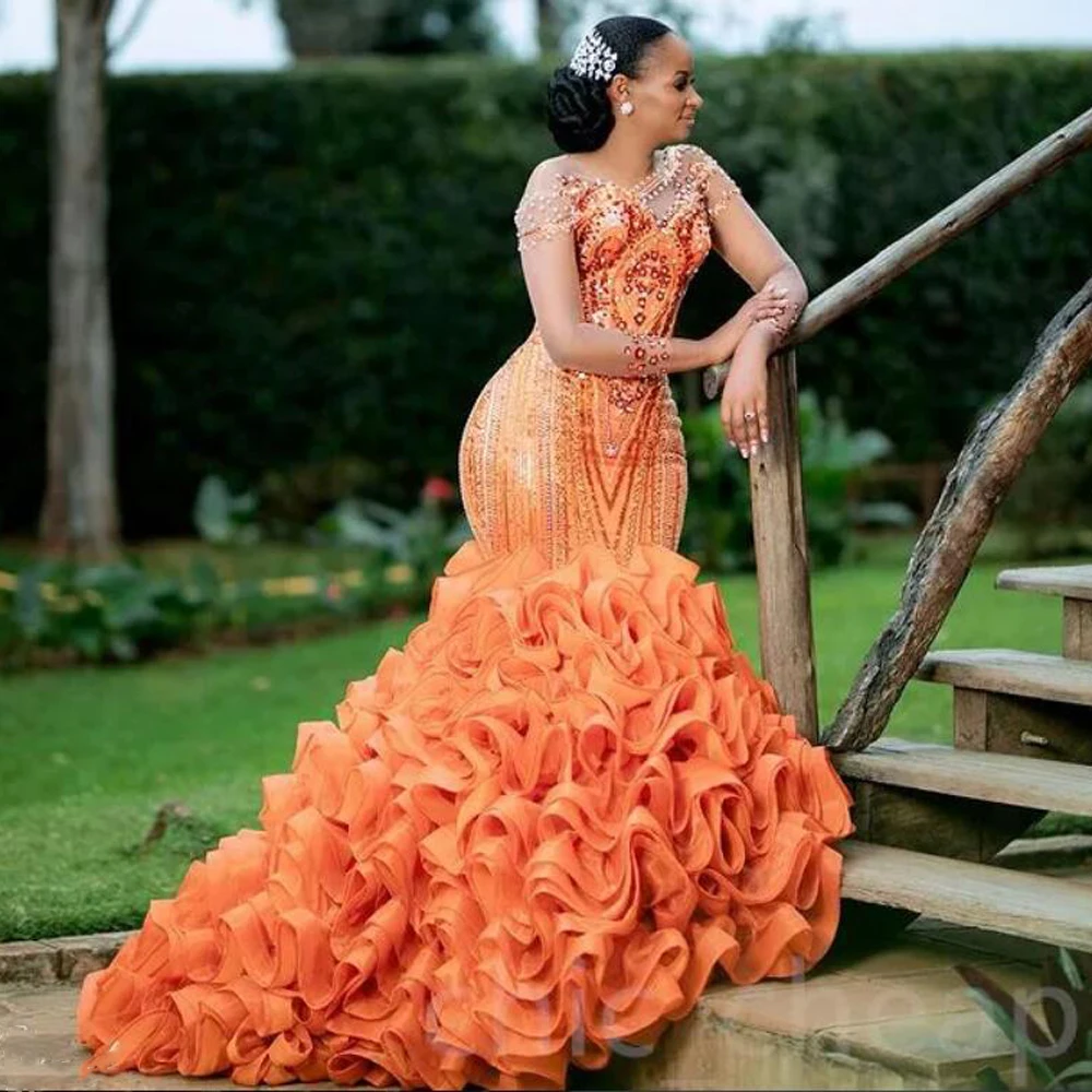 Orange Plus Size Prom Dresses For African Women Ruffles Puffy Bottom Short Sleeves Mermaid Evening Dress