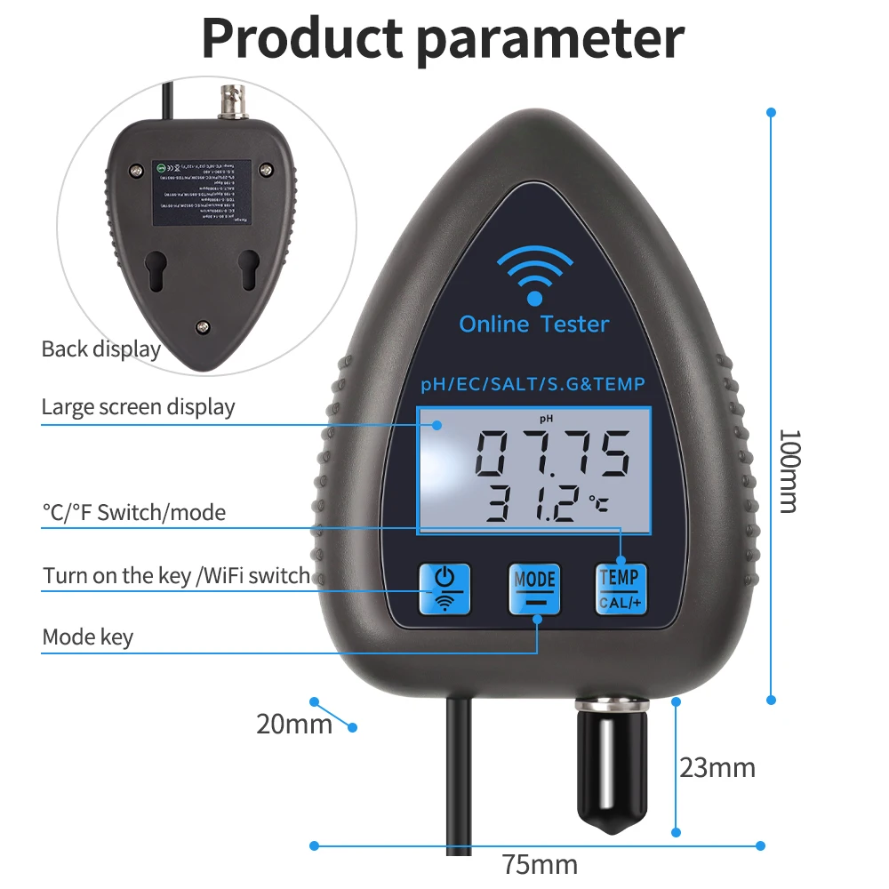 Bluetooth 5 em 1 testador de qualidade da água tds ec sal s.g.temp medidor de ph detector de água digital para aquários piscina plugue da ue