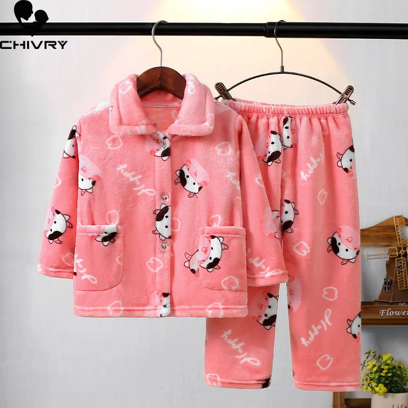 New Kids Boys Girls Autumn Winter Keep Warm Flannel Pajama Sets Cartoon Long Sleeve Lapel Tops with Pants Sleeping Clothing Sets