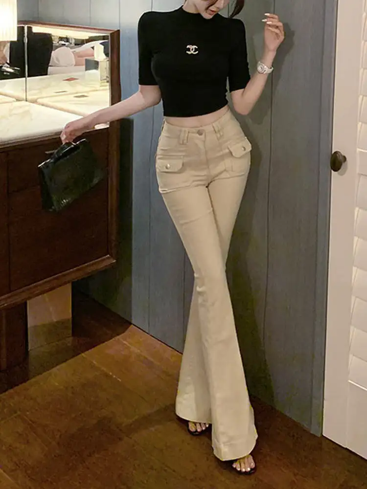 

Khaki Color Bell Bot High Waist Pure Desire Sle Jeans Women's Tight Fit Cotton Stretchy Pants for All Seasons