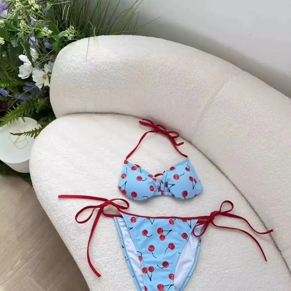 Pure Desire Pure Color Cherry Bikini Set V Neck Mesh Lace Up Sexy Swimwear Print Pattern Push Up Four Piece Set Korean Style