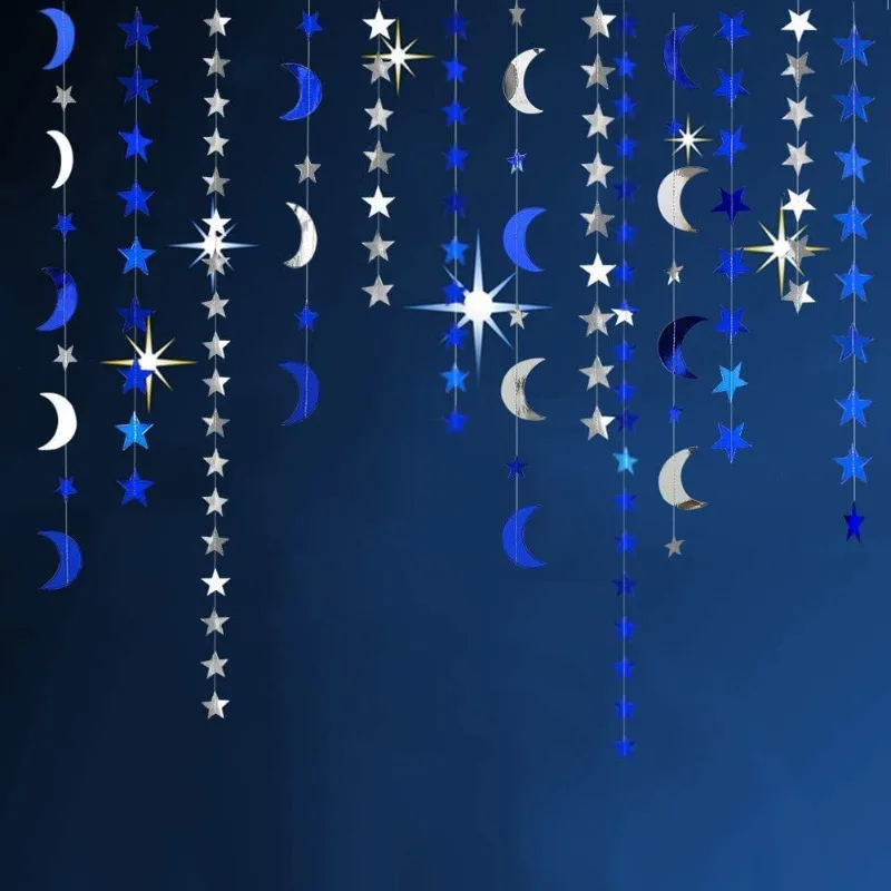 Royal Blue Silver Stars Moon Garlands Kit Star Garland/Hanging Streamer/Banner for Birthday Party Decoration/Wedding/Christmas