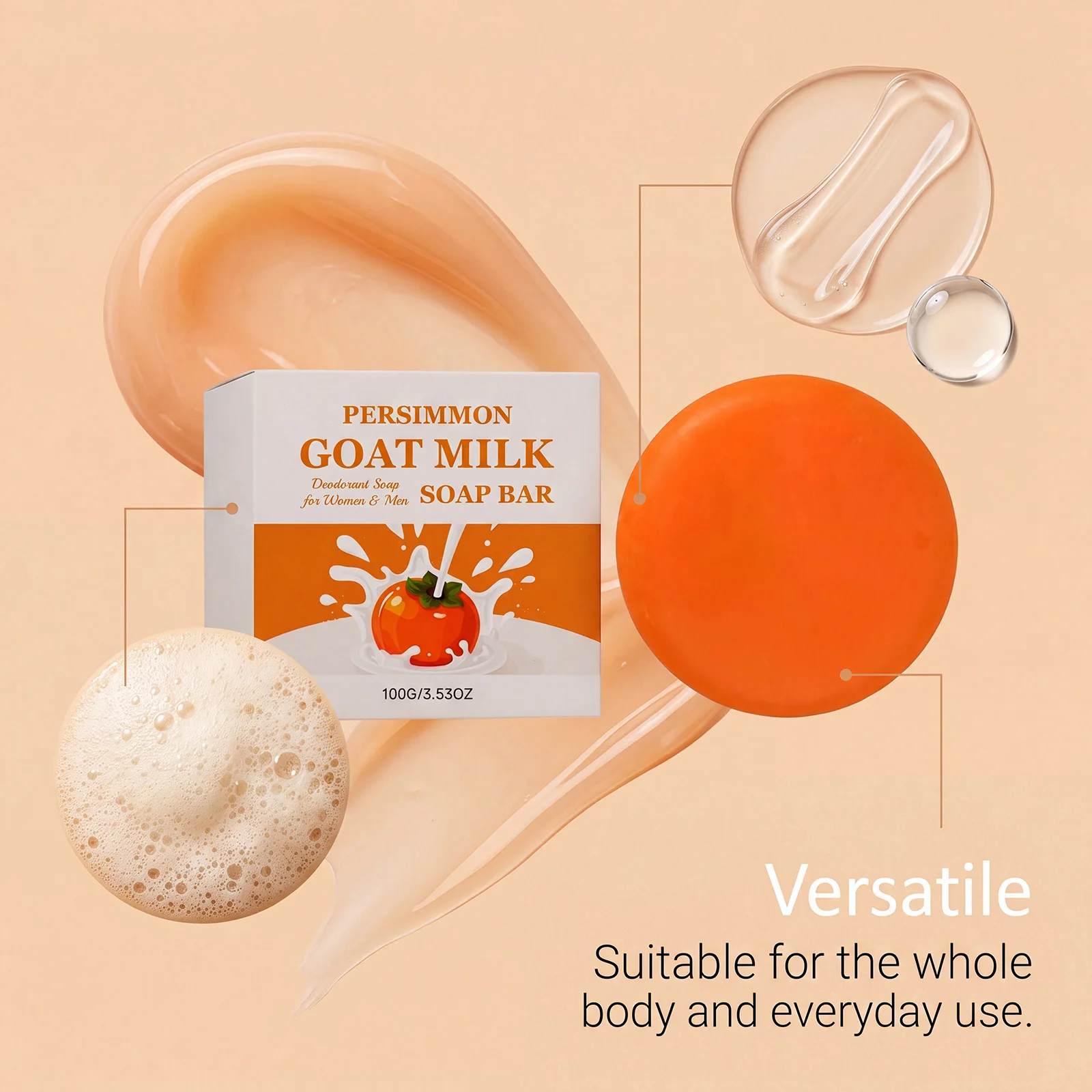 Persimmon Goat Milk Soap Bar Deodorant Bath Soap Deep Cleansing Moisturizing Oil Control Remove Body Odor Face Body Clean Soap