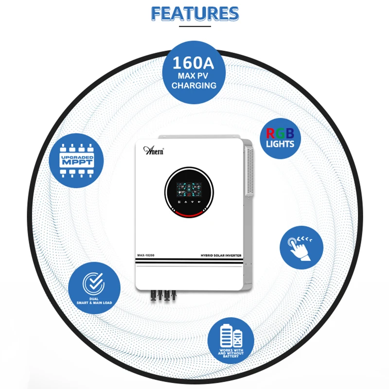 อินเวอร์เตอร์ไฮบริดพลังงานแสงอาทิตย์แบบ MPPT ขนาด 1KW 1.6KW 3KW 6.2KW 10KW 12V 24V 48V 230Vac พร้อมจัดส่งในประเทศอย่างรวดเร็วสำหรับแบตเตอรี่ Lifepo4