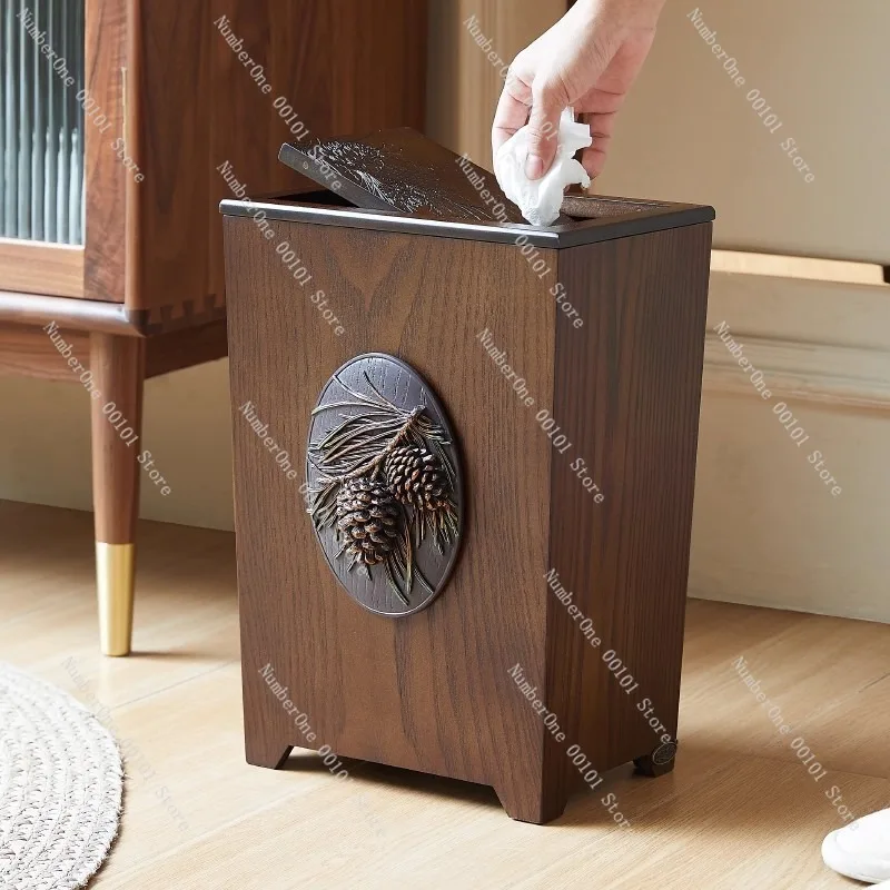 Large Capacity Vintage Wooden Trash Can with Lid Retro Home Office Paper Basket Decorative Waste Bin for Living Room Kitchen