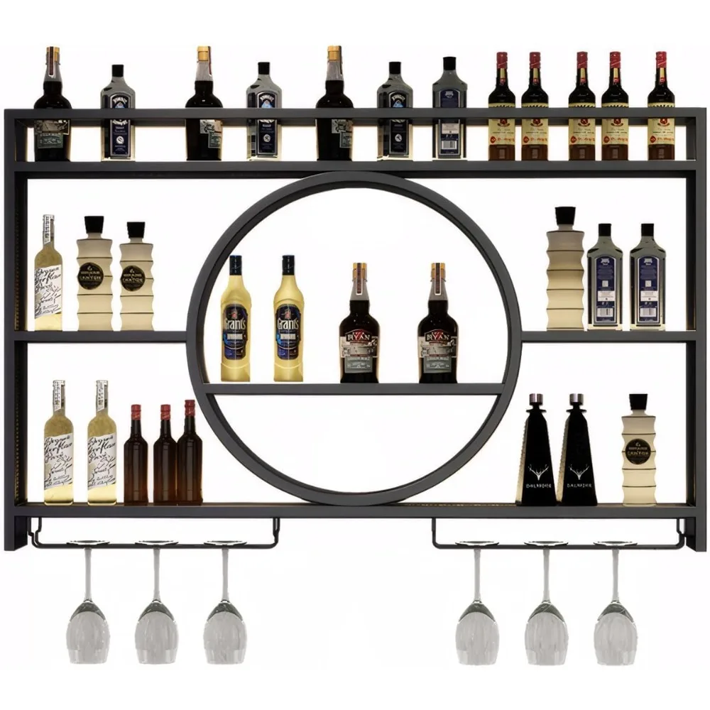 Wall Mounted Wine Rack, Metal 3-Tier Large Capacity Hanging Bar Shelves with Glass Holder, for Kitchen, Living Room, Home