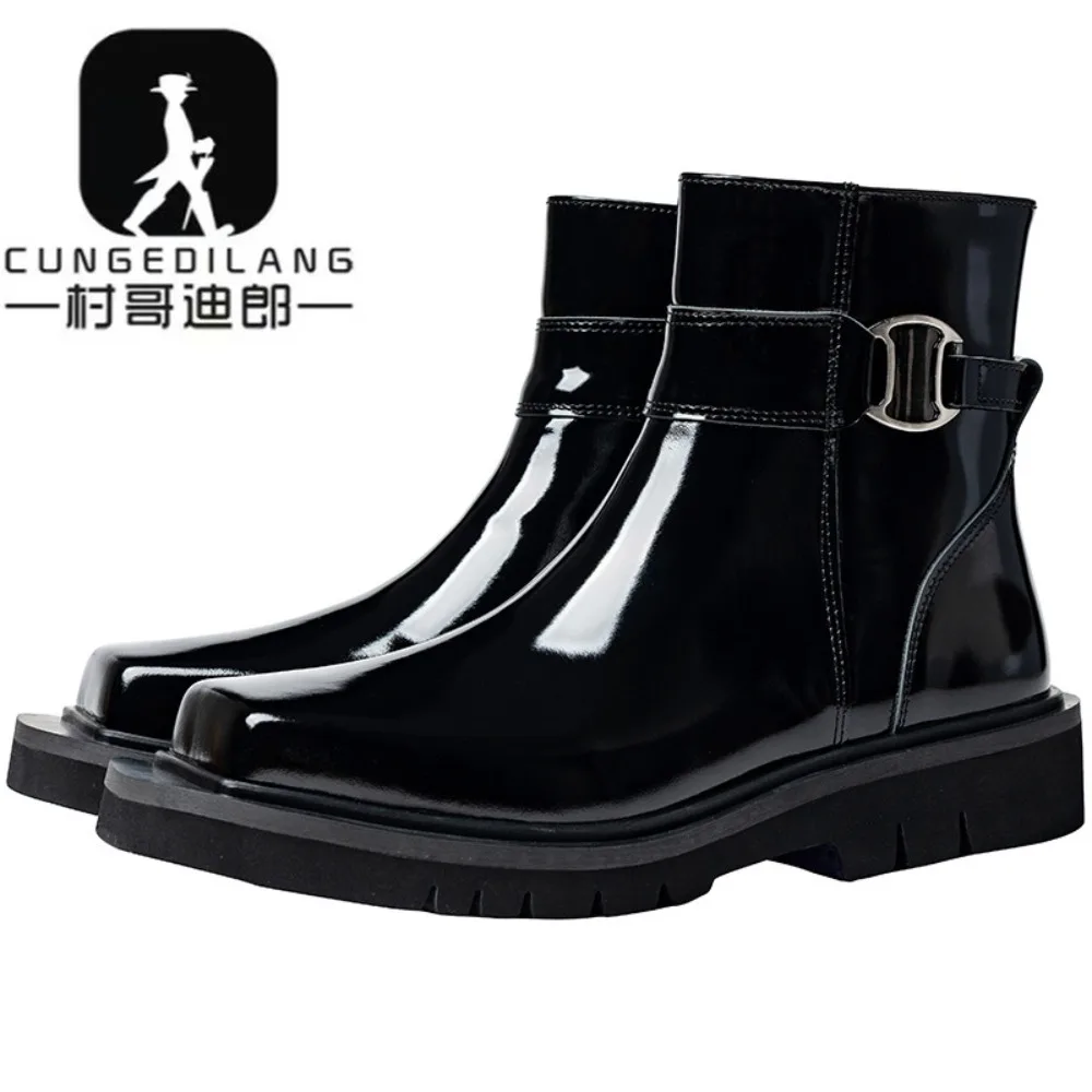 Men Chelsea Boots Thick-soled Brand Fashion Comfortable Patent Leather Ankle Boots Men 2027 New Square Toe Shoes Mens Boots