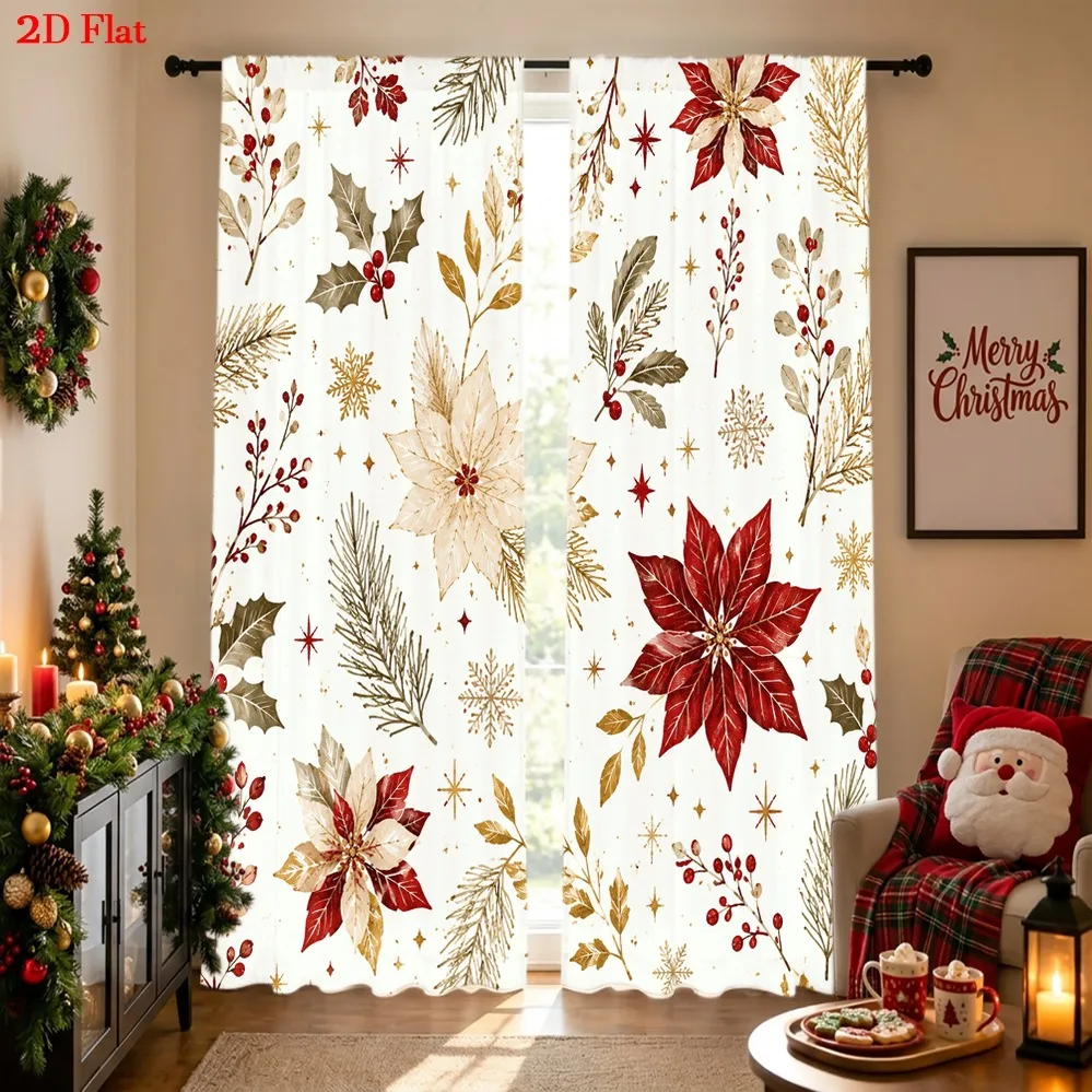 2PCS Christmas Curtains, Red Gold Poinsettia Holly Berry Pine Branch, Digital Print, Bedroom Living Room, Rod Pocket, Home Decor