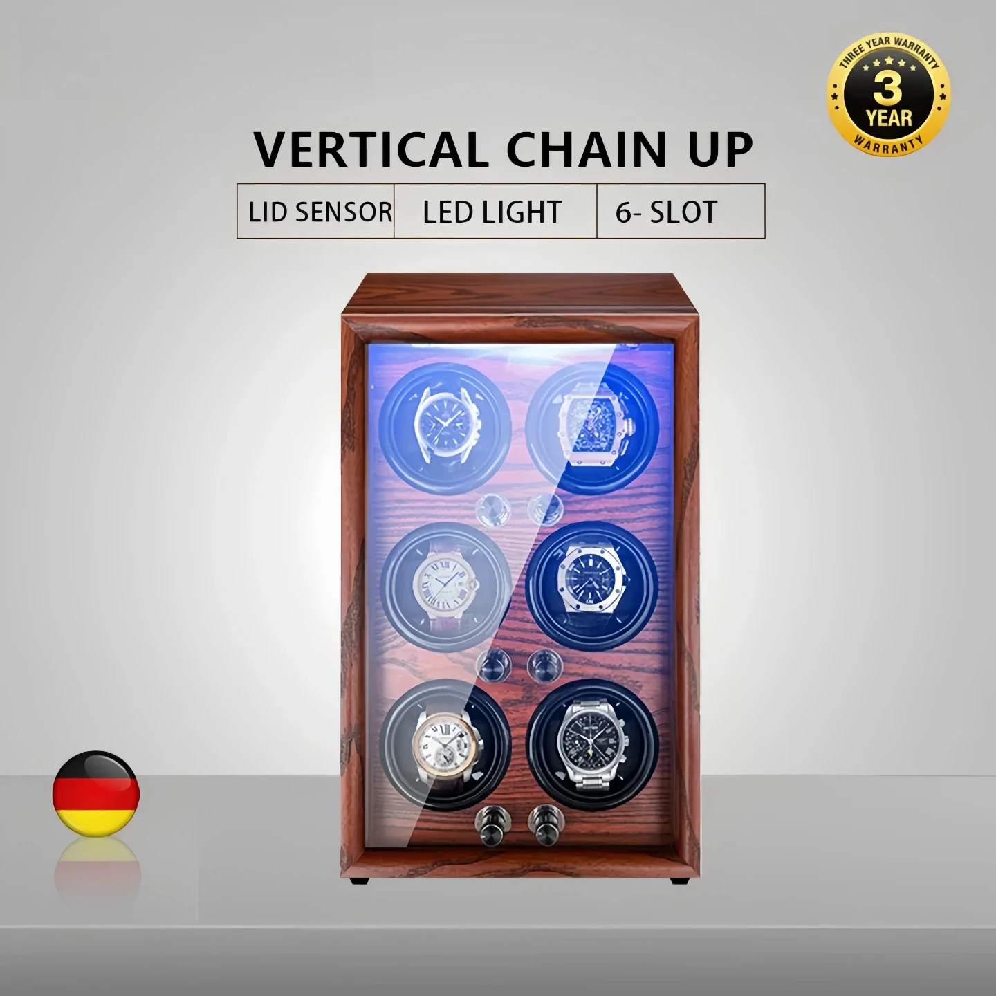 Brand Mechanical Automatic Watch Winder Luxury Wood Watch Box with LED Light and Lid Sensor Watches Storage Safe Box