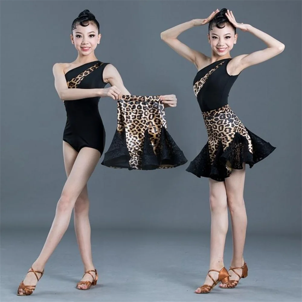 sexy Latin Dance Costume For Girls Ballroom Salsa Tango top Skirts Kids Child lace Leopard Latin Dance Split Dress Leotard Skirt
