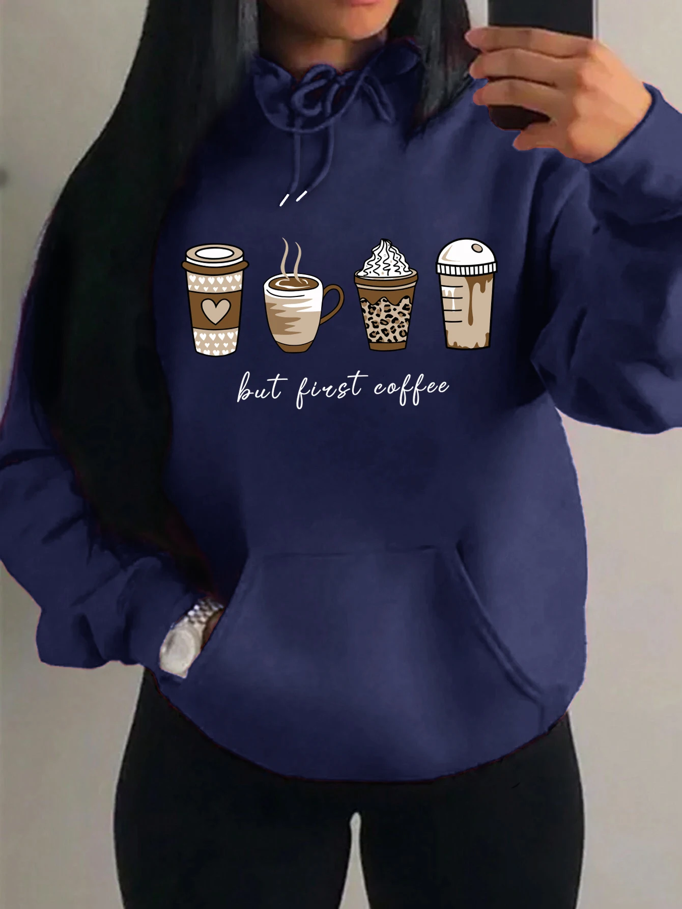 Aber zuerst Kaffee-Cartoons, Kaffeegetränke-Muster, Kapuzenpullover, modische, warme Kapuzenjacke, lässiger, trendiger Sweatshirt, Streetwear, Damenpullover. – Detail 15