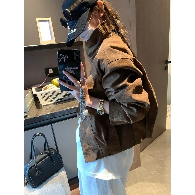 

American Retro Textured Lapel Oversized Slimming Biker Jacket Coat Casual Daily Outerwear Fashion Trendy Outer Layer