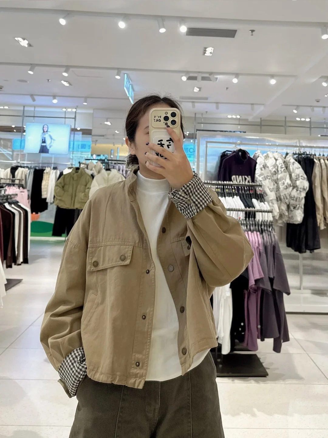 

Korean Sle ort Stand Collar Workwear Jaet 2026 Spring Loose Fit Plaid Patchwork Women's Faion Outerwear