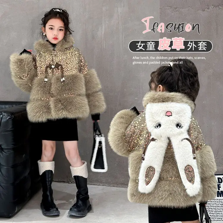 Sparkly Sequin & Faux Fur Girls Winter Coat Cute 3D Bunny Hood Chinese Knot Design Warm Jacket Kids Princess Fashion Outerwear