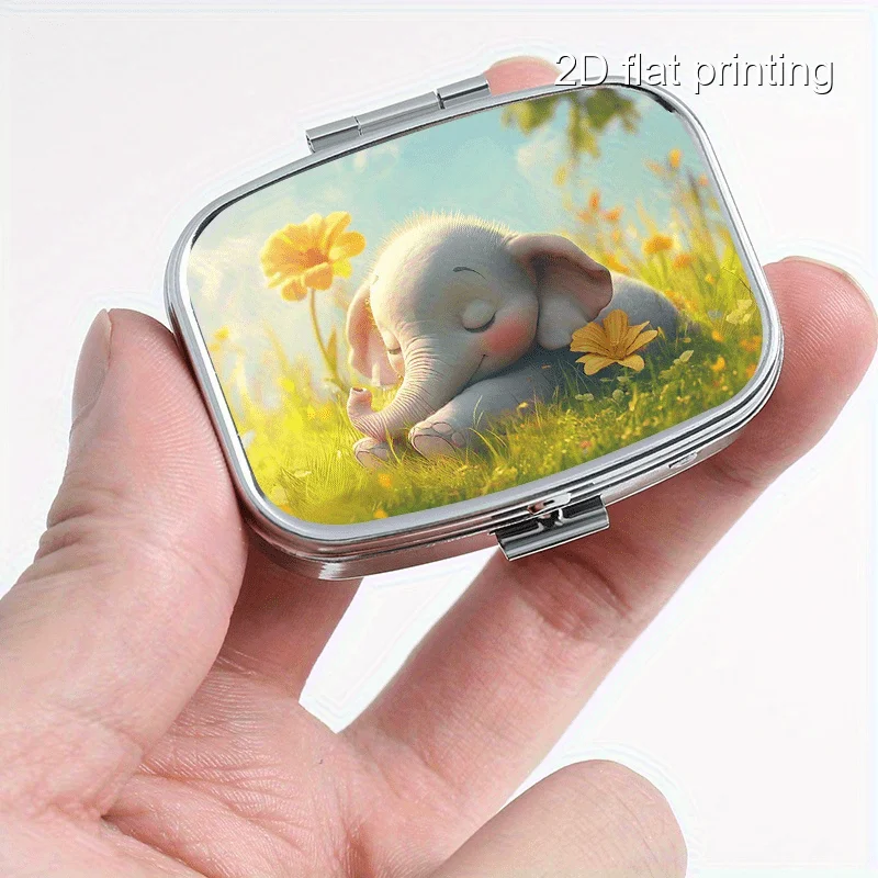 Sleeping Baby Elephant Printed Pattern Square Sealed Box, Two-Compartment Sealed Pill Box, Mini Portable Sealed Box, Suitable for Travel, Outdoor Activities, or Portable Sealed Box for Wallets or Bags, Multifunctional Metal Box for Decorations, Jewelry, Earrings, Vitamin Storage Box with Multiple Compartments, Sorting and Packing Box