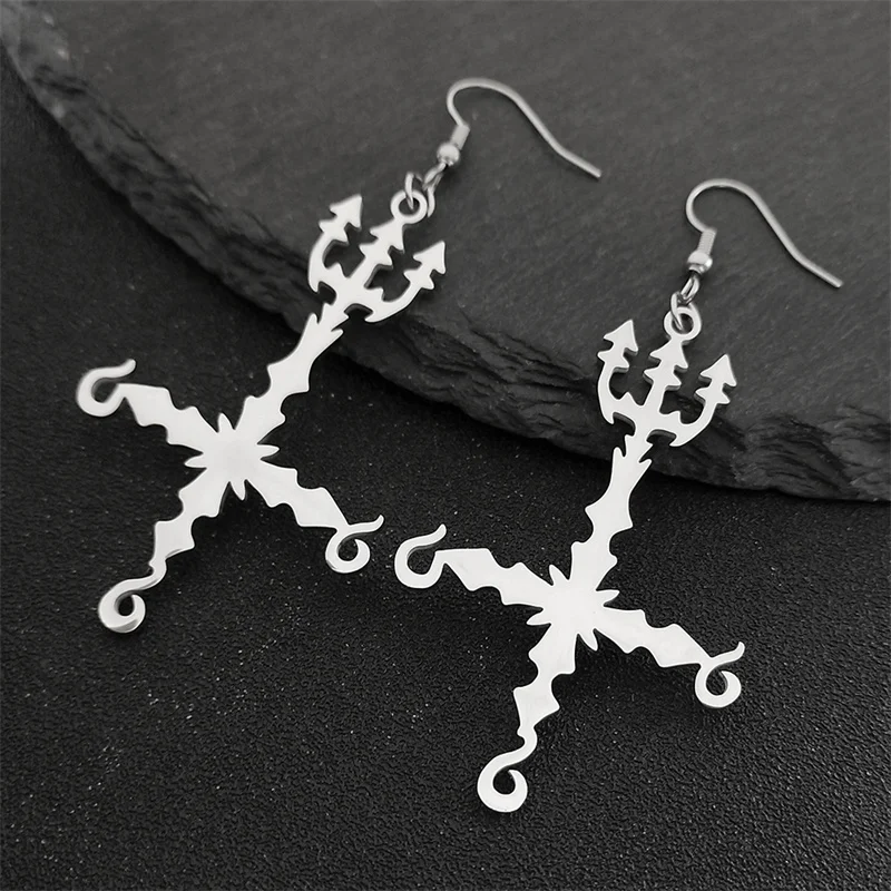 Heavy Metal 666 Music Band Drop Earrings Stainless Steel Black Color Sigil Church of Satan Fork Cross Dangle Earring Biżuteria