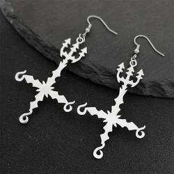 Heavy Metal 666 Music Band Drop Earrings Stainless Steel Black Color Sigil Church of Satan Fork Cross Dangle Earring Biżuteria