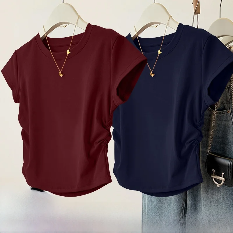 Slim Fit Short Sleeve T-Shirt Women's Korean Style Threaded Waist Design Summer Fashionable Body Shaping Versatile Top
