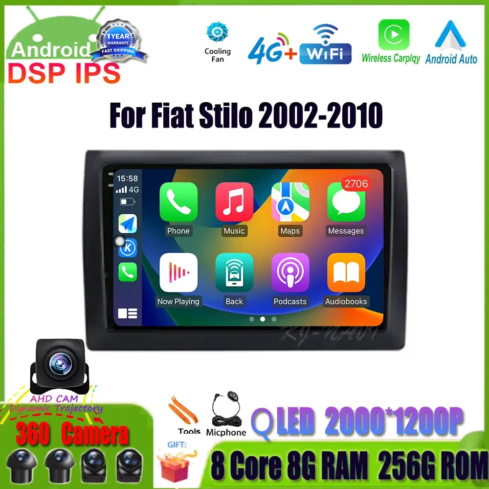 9 Inch DVR DSP Car Radio Multimedia Player Android 14 For Fiat Stilo 2002-2010 GPS Navigation 2Din BT Carplay DVD