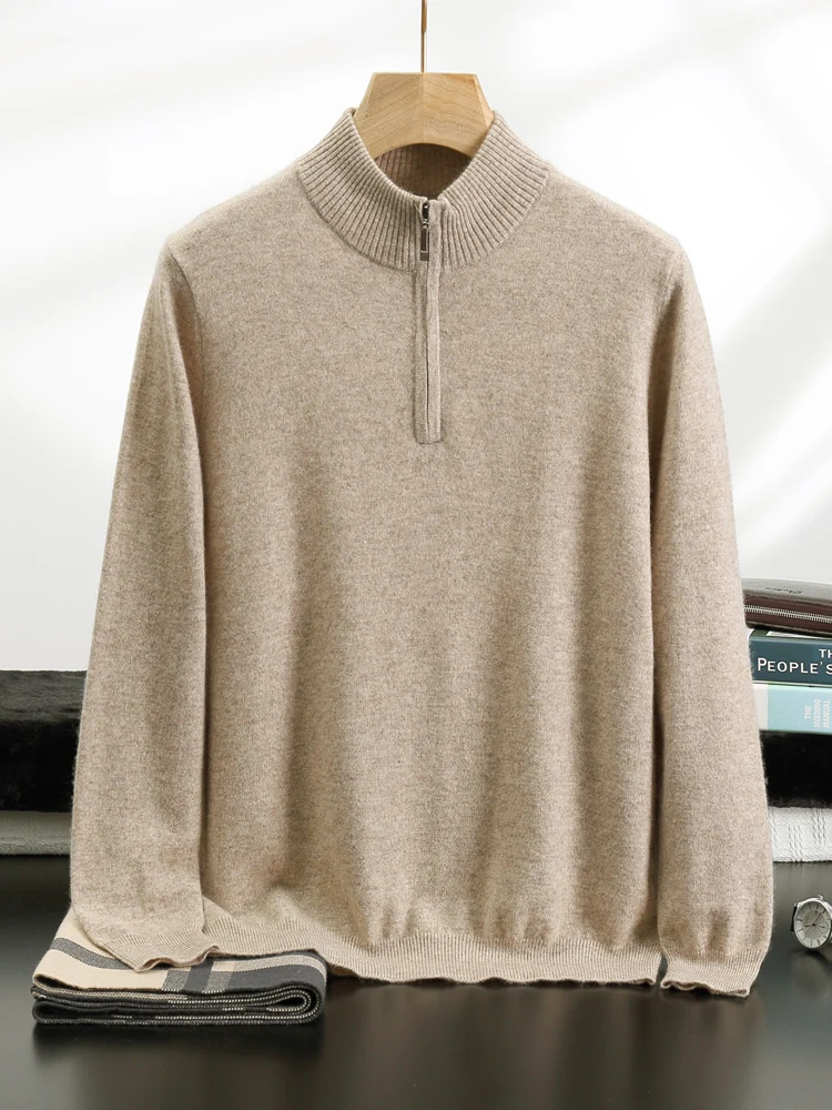 High Quality Men's Autumn Winter 100% Cashmere Sweater Mock Neck Zipper Pullover Thick Long Sleeves Casual Cashmere Knitting Top