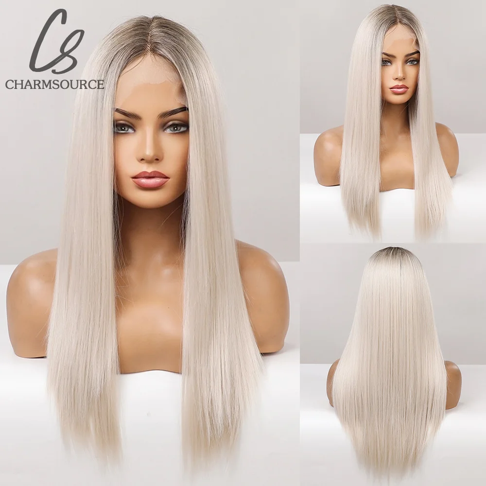 

CharmSource Synthetic Lace Wigs for Women Long Straight Blonde White Wig Party Cosplay High Density Hair