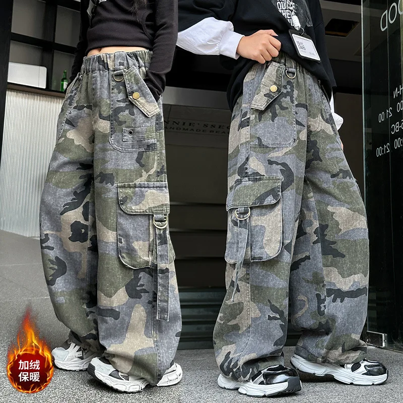 

Зимние коричневые камуфляжные брюки-карго для больших мальчиков с карманами, детские свободные повседневные термокамуфляжные брюки, детские спортивные штаны на флисовой подкладке