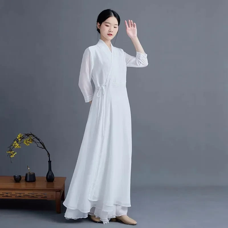 Chiffon Chinese Style Hanfu Dress Cheongsam Women Modern Improve Eleganti Long Qipao Spring Autumn Vintage Female Zen Clothing