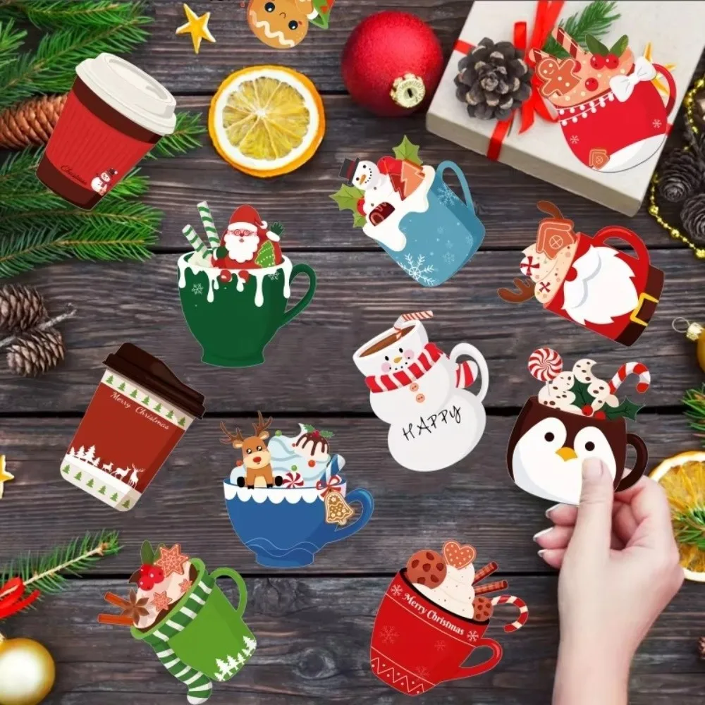 Self-Stick Tea Cup Note Pad Set Santa Claus Elk 12 Styles Xmas Theme Stickers Christmas Cup Memo Pads Set Christmas Gift Giving