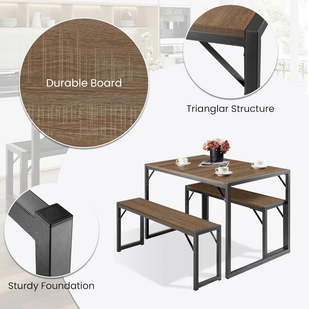 Kitchen Dining Table Set for 4 with Benches, Rustic Small Space Saving Dinette, Heavy Duty Metal Frame