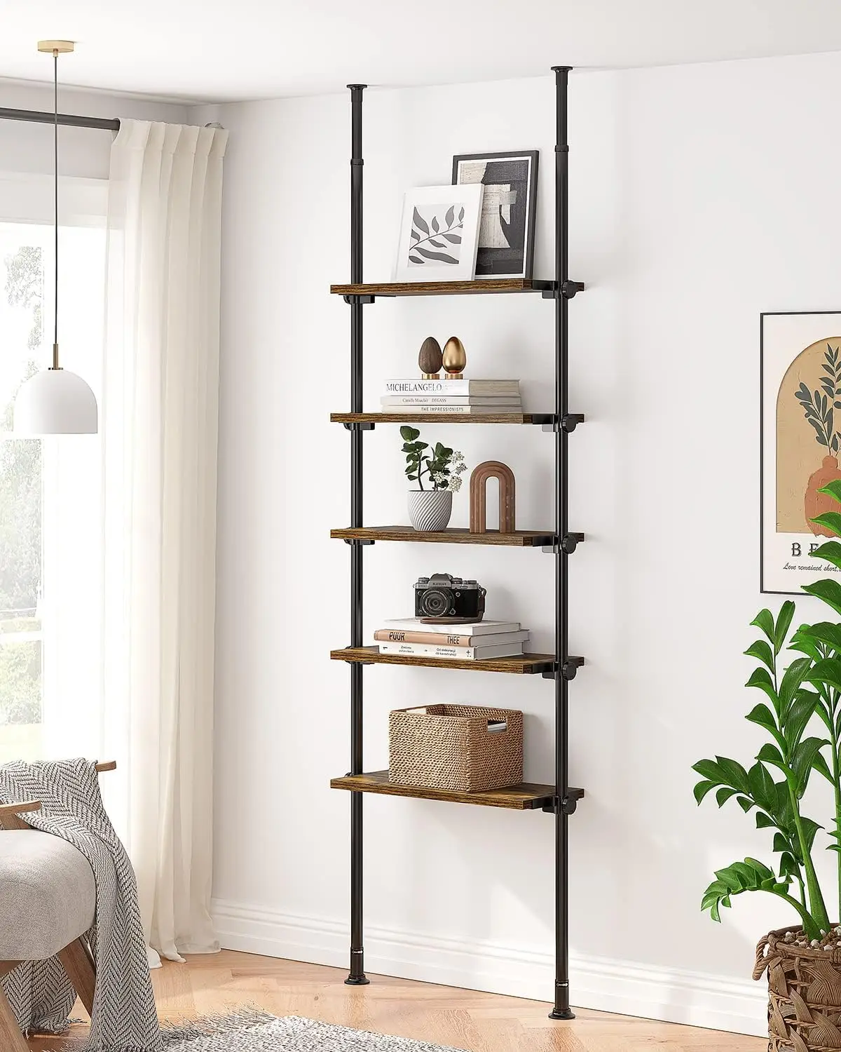 

5 Tiers Narrow Bookshelf, Tall Adjustable Ladder Book Shelf with Open Storage,Floor to Ceiling Tension Mount,Industrial Bookcase