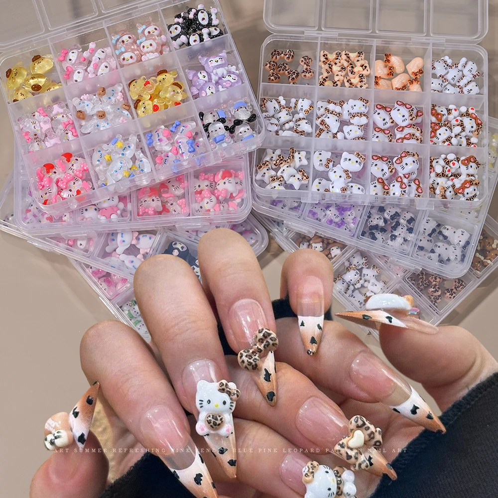 12칸 레오파드 헬로키티 리본 별 네일 라인스톤 귀여운 키티 고양이 머리 리본 네일 참 만화 네일 아트 장식