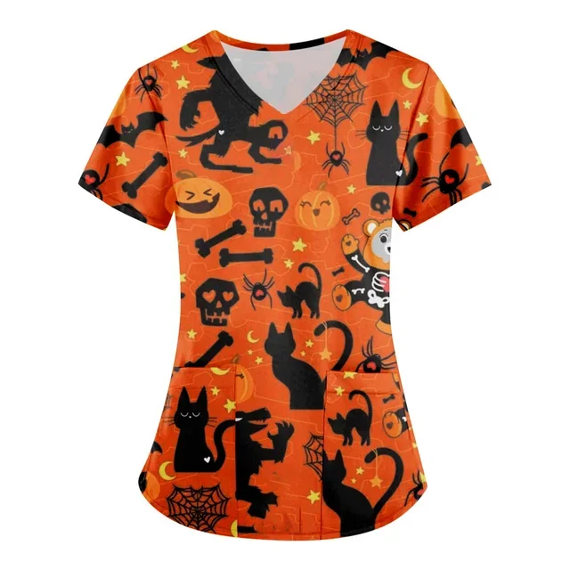 Women's Halloween Print Nurse Uniform, Short Sleeve V-neck Tops, Healthcare Tunic Pocket Blouse, Female Overalls, Working Unifor