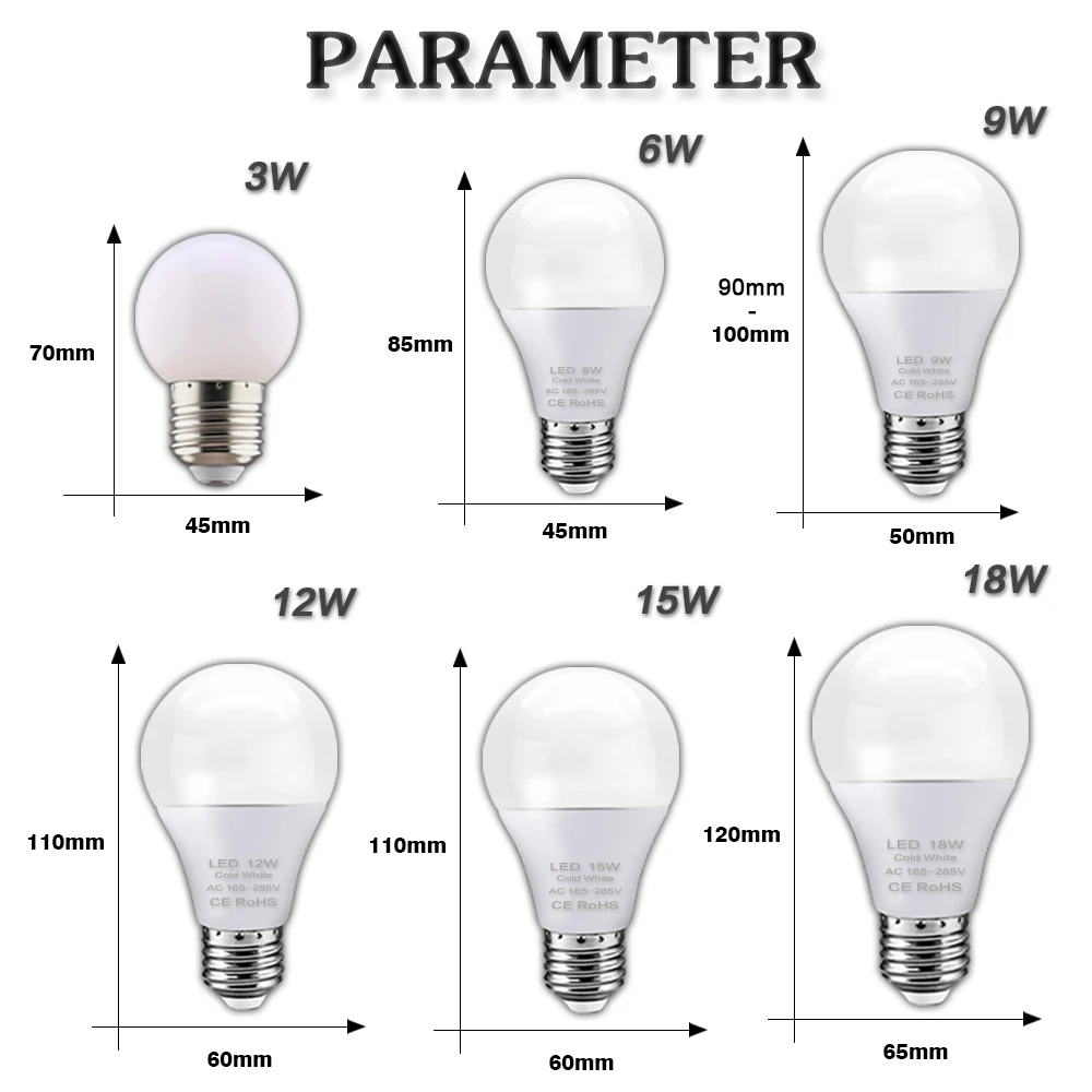 6 pçs/lote E27 Lâmpada LED AC 220V 240V Real Power 3W 6W 9W 12W 15W 18W Lâmpada LED de alto brilho para lâmpada de mesa Spotlight