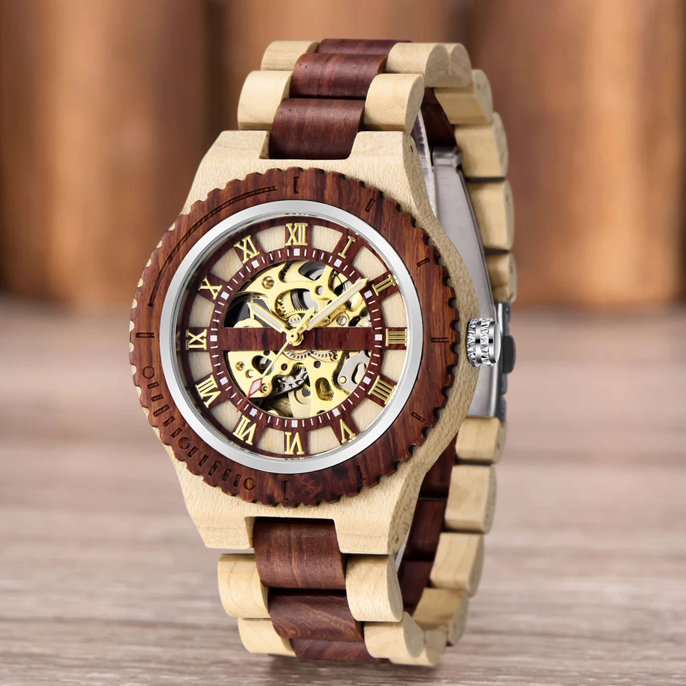 Herren uhr Holz uhren einzigartige automatische Business mechanische Uhr Holzband Uhr Skelett Hohl uhr Top Marke Luxus