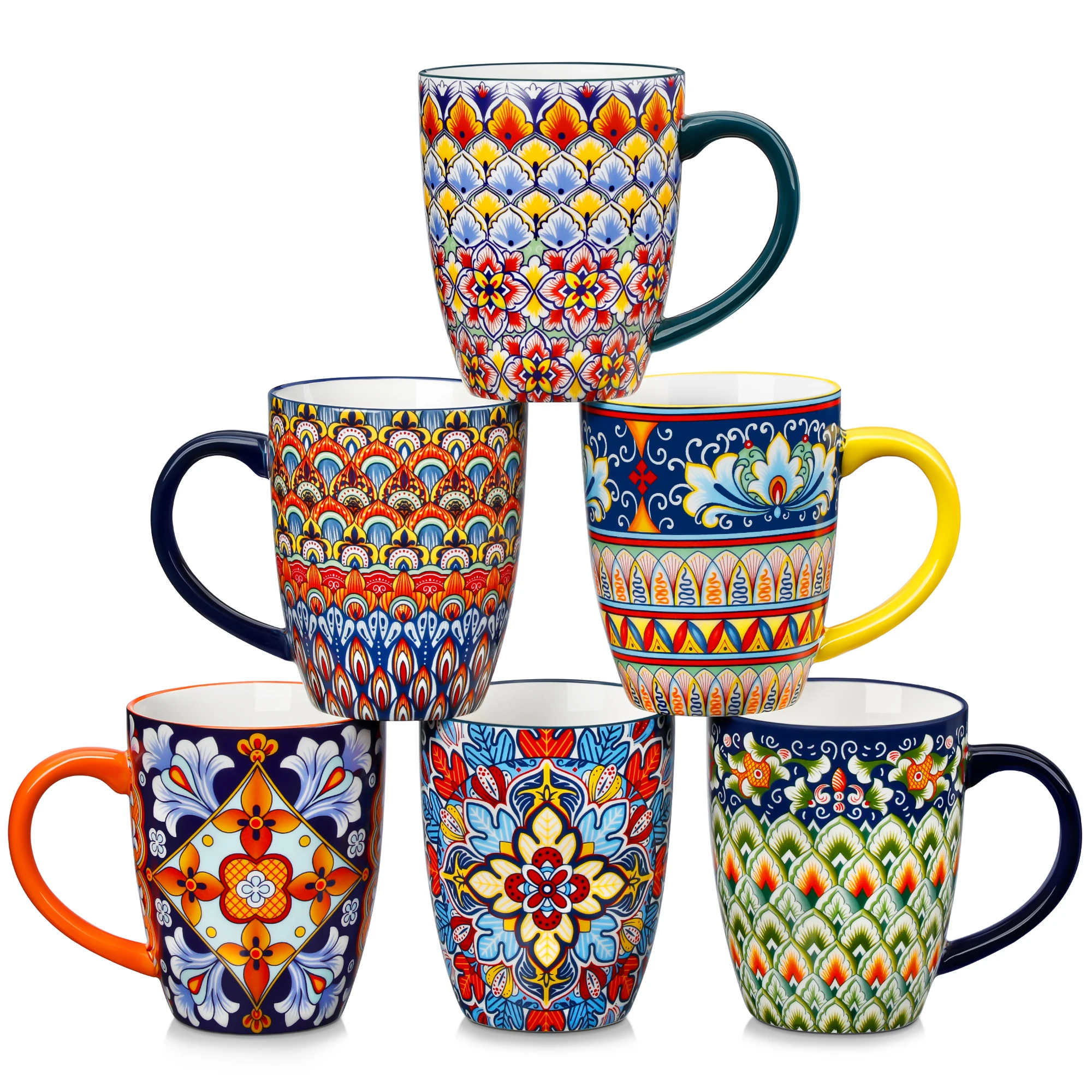 vancasso SIMI Ensemble de tasses à café en porcelaine, lot de 6 tasses à thé et à café de style bohème avec poignée, compatibles micro-ondes et lave-vaisselle, adaptées à tous types de boissons, 3 types disponibles